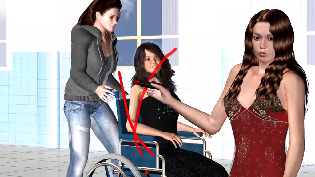 A 3D rendered version of Bella Swan, a character from Stephanie Meyer’s Twilight series, is pushing a young teenage girl in her wheelchair through a school hallway. River Tam stands in the foreground, to the left of the image, holding a red marker in her right hand. A bright red “X” has been drawn over the wheelchair.